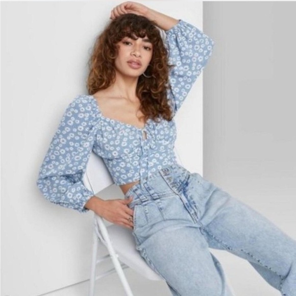 wild fable Tops - Wild Fable Women’s Blue Floral Long Sleeve Cropped Blouse